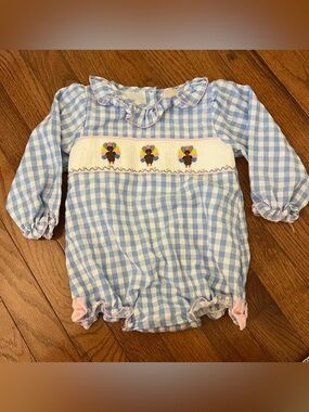 Smockingbird turkey bubble with bows pink blue smocked Thanksgiving dress 12-18